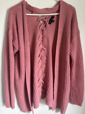 Lace-Up Open Front Pink Women's Sweater Cardigan